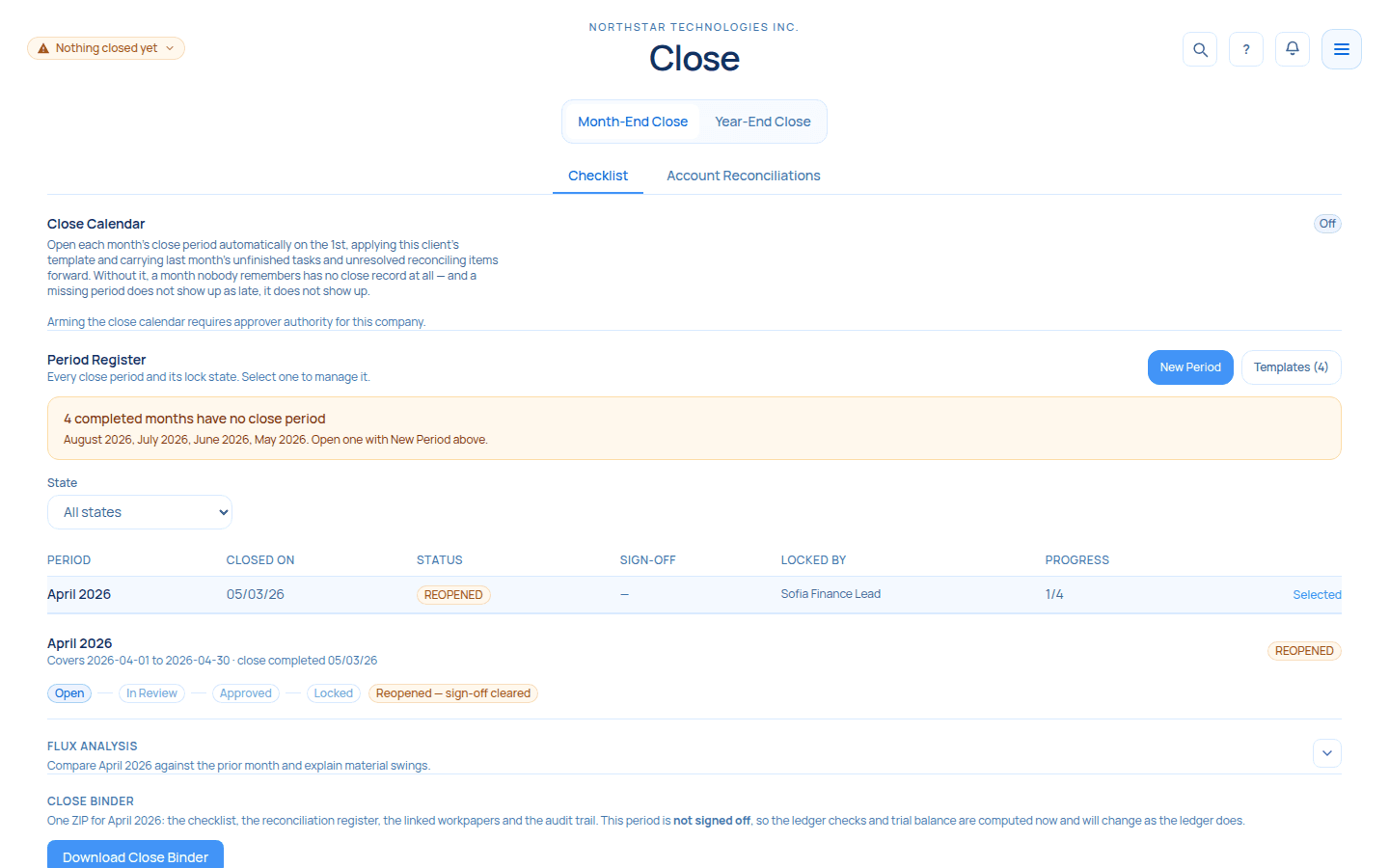 The close hub: a period register, the Open to In Review to Approved to Locked lifecycle with a reopened period showing sign-off cleared, flux analysis, and a close binder download.